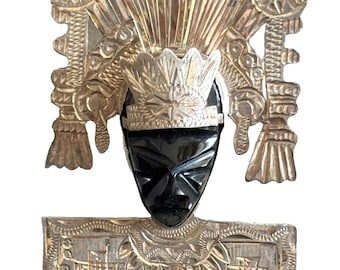 Vintage Sterling Silber und Onyx Azteken mexikanischen Anhänger