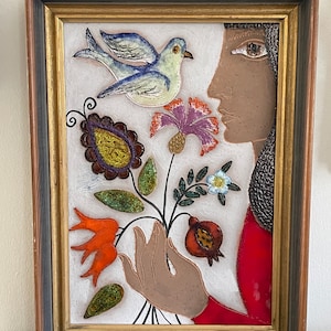Israeli Artists Irene and Azriel Awret "Peace Girl with a Bird" Ceramic Tile *