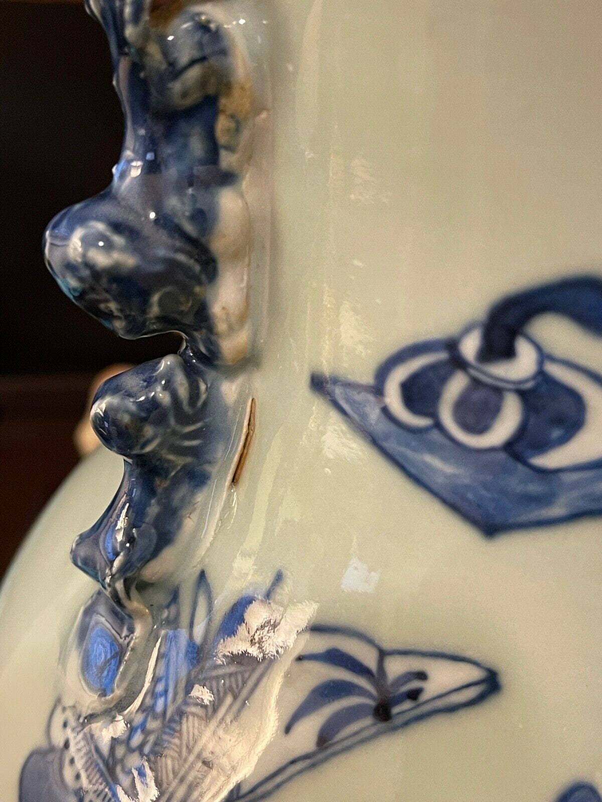 Antique Chinese Celadon Pottery Vase With Blue Decoration and