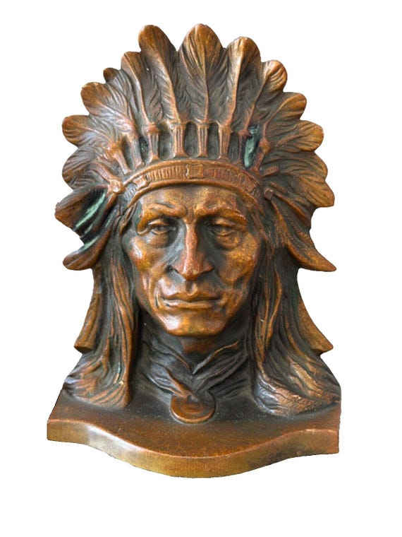 Native American Indian Chief Heads 1939 Signed Bronze Sculpture