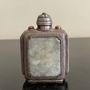 Antique Chinese Jade Stones and Silver Mounted Snuff Bottle