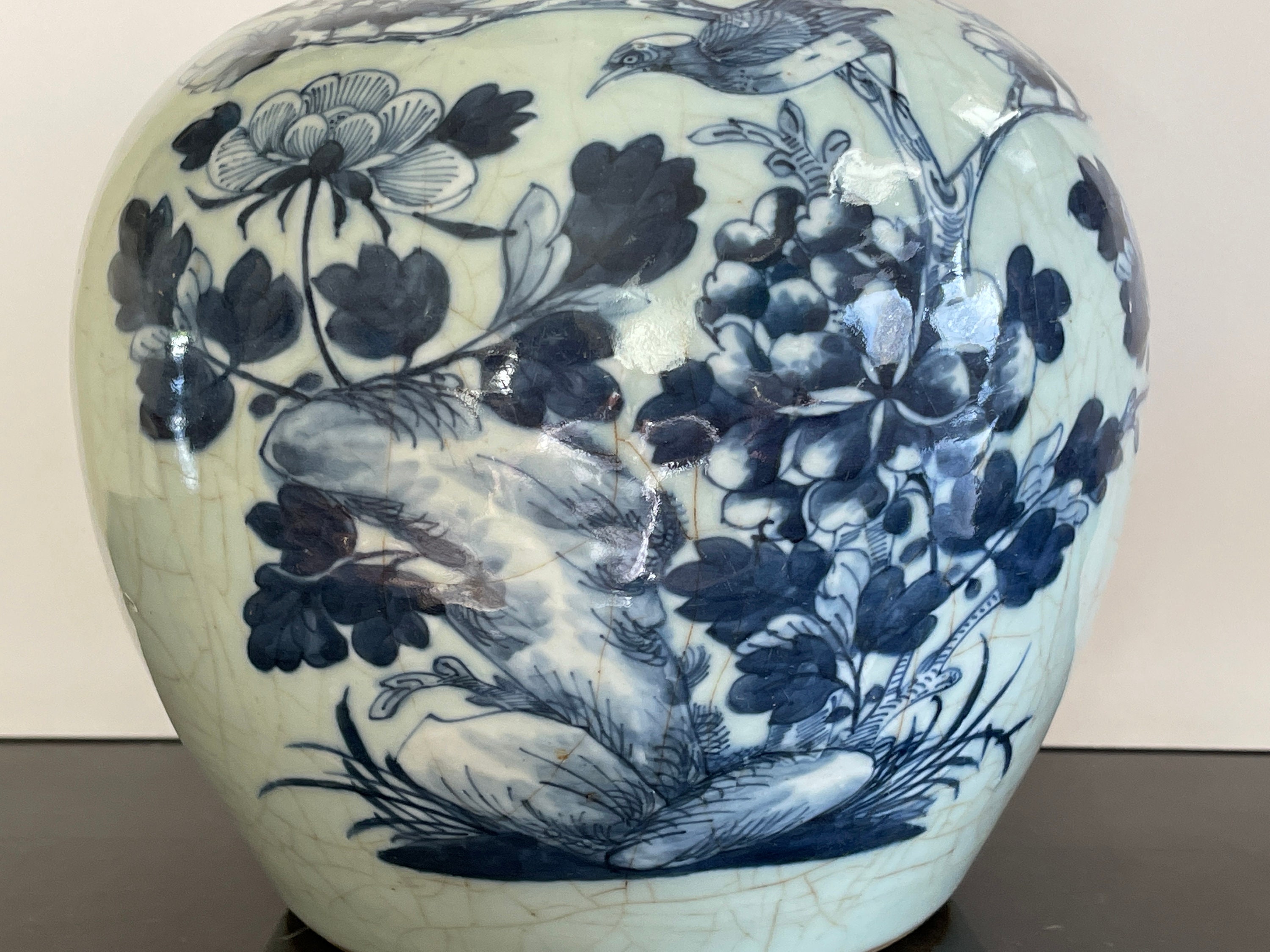 Antique Chinese Blue and White Celadon Ginger Jar With Bird Floral