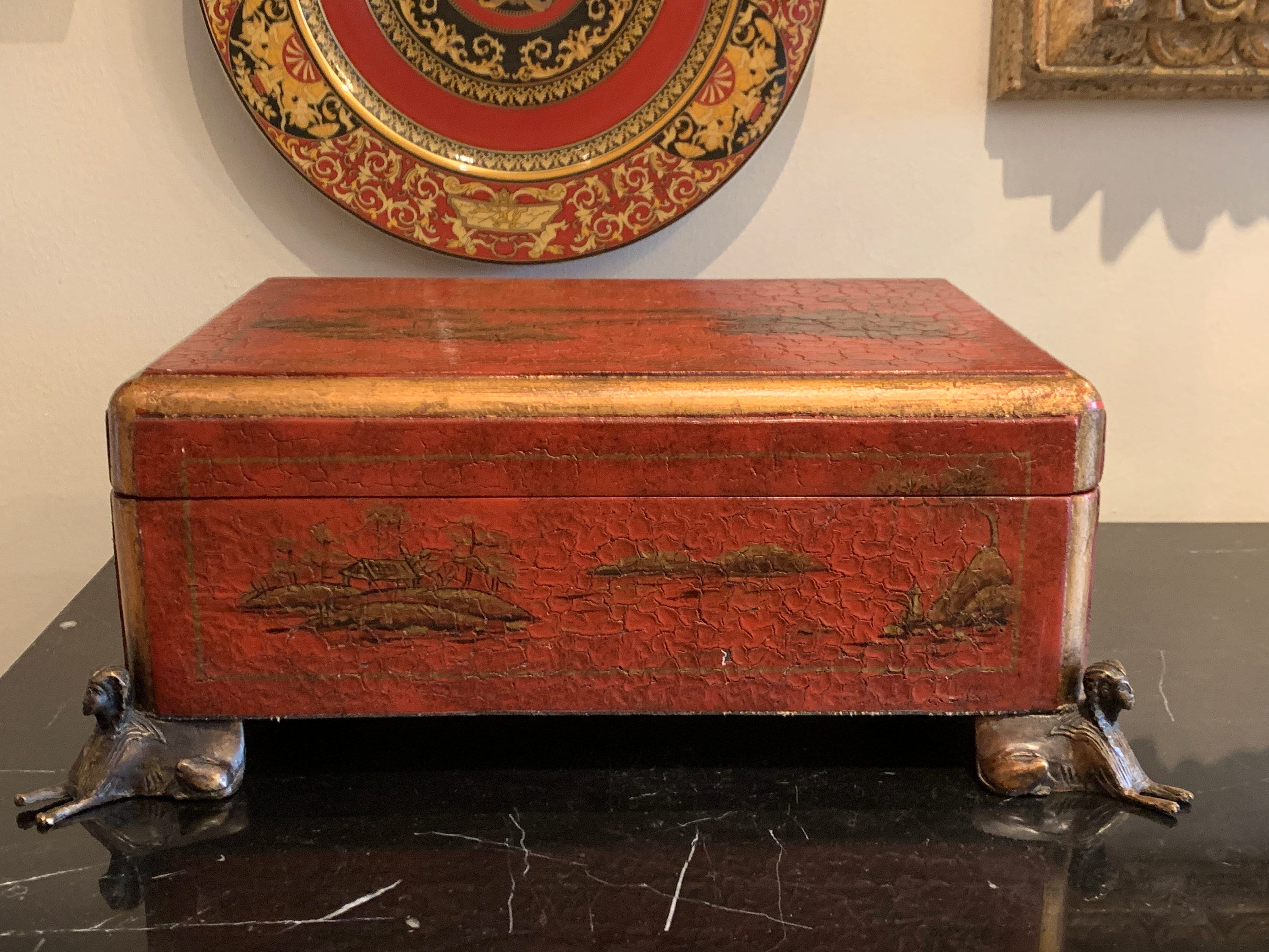 1839年19CアンティークヘレンドSH上海シノワズリ☆ケース付★金彩☆希少 Theodore Alexander Chinoiserie Decorative Wood Footed Egyptian