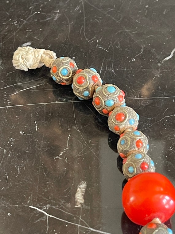 Vintage Tibetan Coral Turquoise Inlay Stones Bead… - image 3