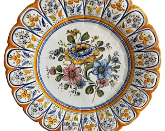 Vintage Hand Painted Floral Spanish Talavera 17 3/4" Wall Plate, Spain