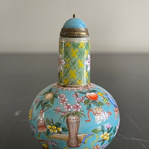 Vintage Chinese Aqua Ground Multicolor Hand Painted Peking Glass Snuff Bottle
