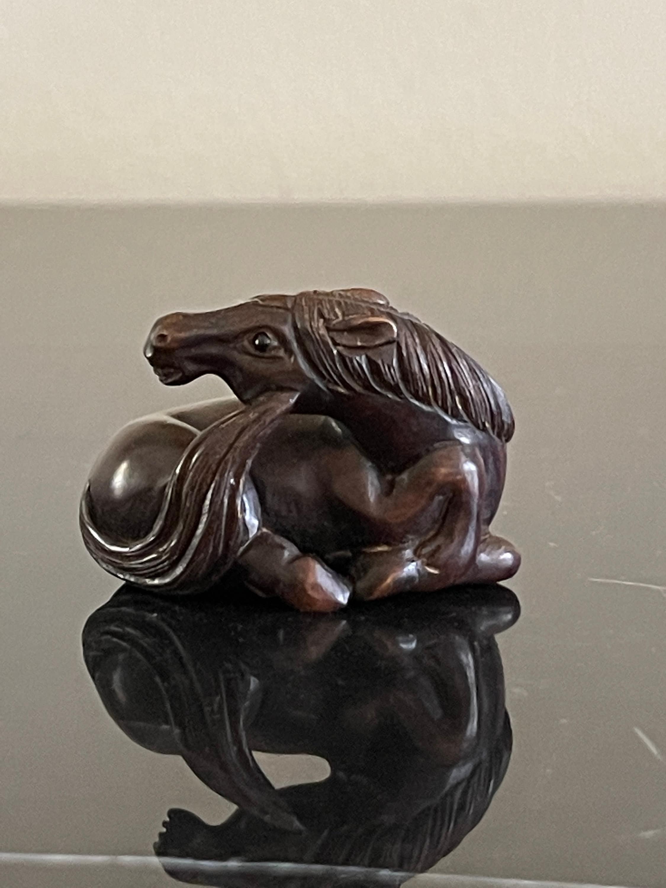 Antique Japanese Netsuke Carved Wood Seated Horse Figurine