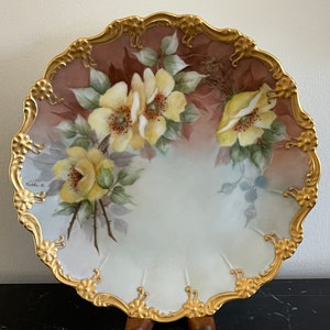Victorian French Hand Painted Yellow Flowers Plate with Gold Rim Signed by Artist