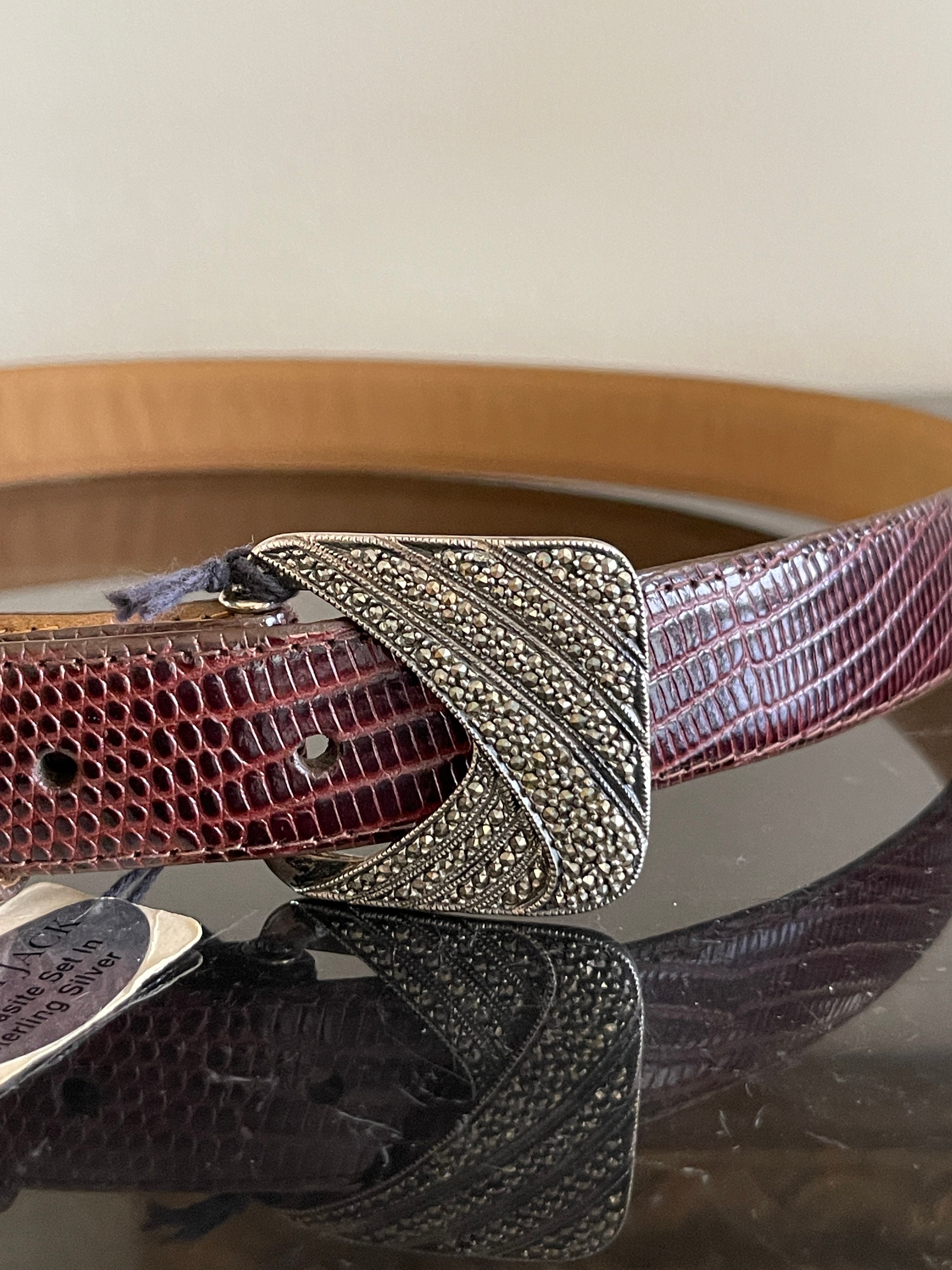Marcasite silver toned Belt with interconnected metallic panels 38” Vintage 90s Marcasite Sterling Silver Buckle Patent Leather  main image 2