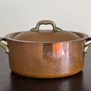 Vintage French 1.5 QT Oval Copper Stew Pot with Brass Handles