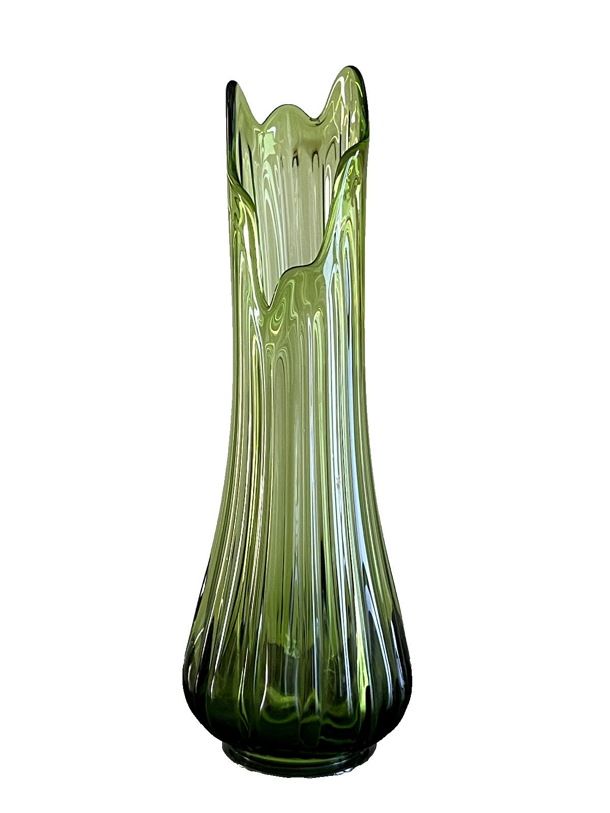 Vintage Mid Century Modern Le Smith 18 1/4" Tall Green Glass Vase