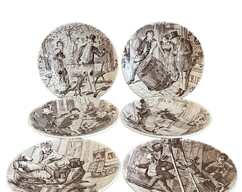 Sarreguemines Stunning Set of 6 French Transferware 7 1/4" Ceramic Plates