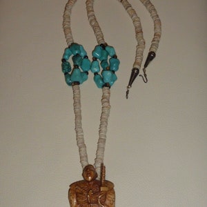 Vintage Shell Heishi Beads Turquoise and Tiger Eye Necklace with Netsuke Pendant