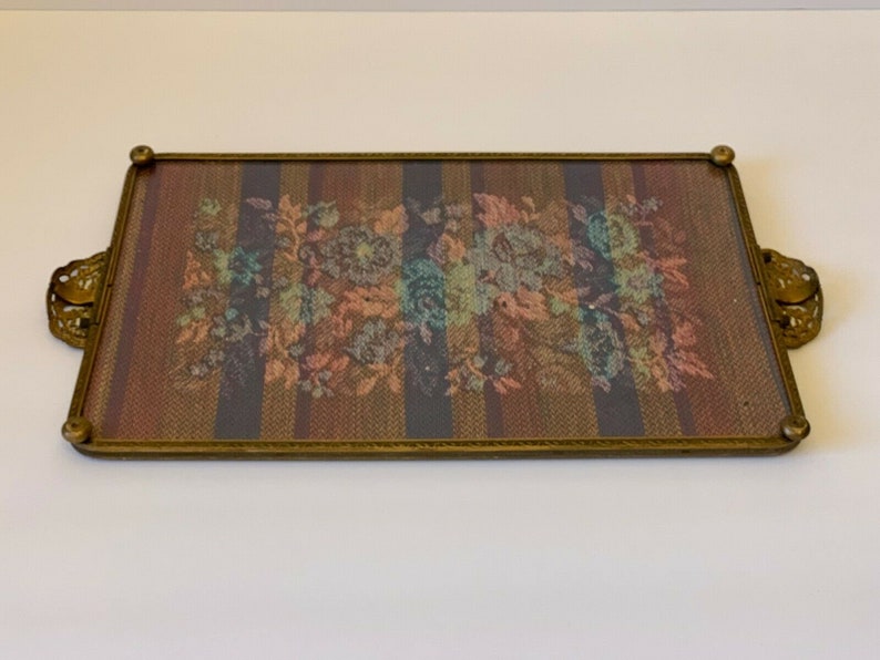 Vintage Victorian Style Footed Embroidered Panel Tray