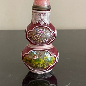 Vintage Chinese Peking Glass Double-Gourd Hand Painted & Overlay Snuff Bottle