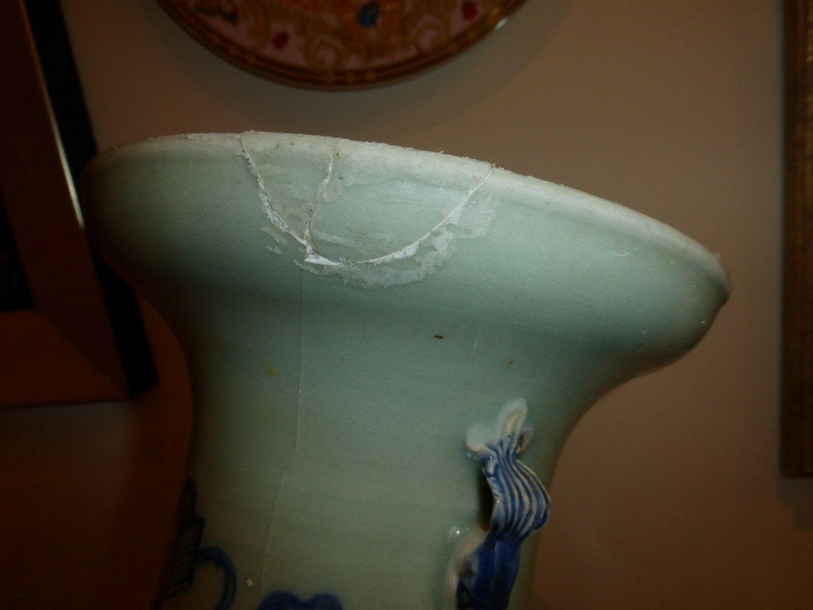 Antique Chinese Celadon Glazed Vase With Relief Blue Dragon and