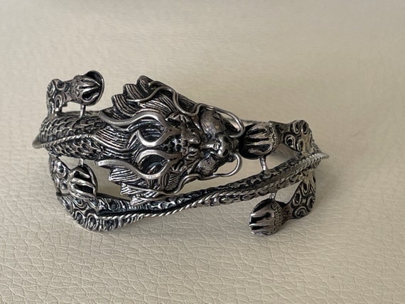 Vintage Monumental Chinese Sterling Silver Dragon Design Bracelet Bangle *