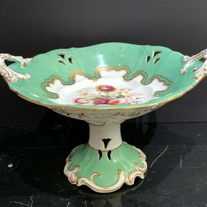 Antique English Porcelain Green Pierced Centerpiece Compote Floral & Gold Design