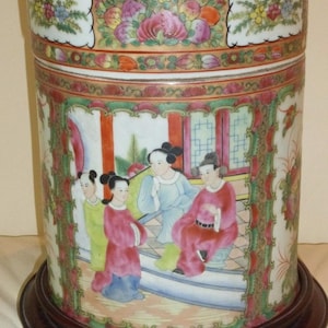 Unusual Vintage Chinese Famille Rose Lidded Canister Jar on a Wood Base image 1