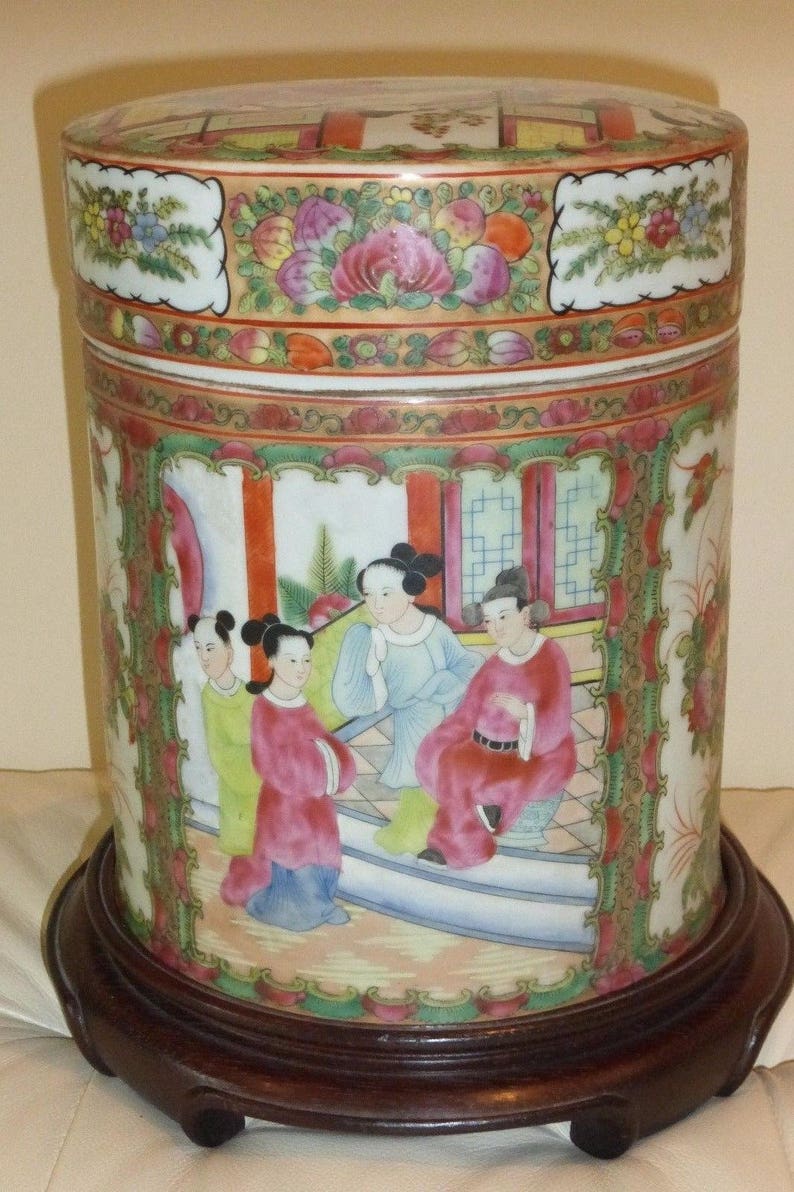 Unusual Vintage Chinese Famille Rose Lidded Canister Jar on a Wood Base image 1