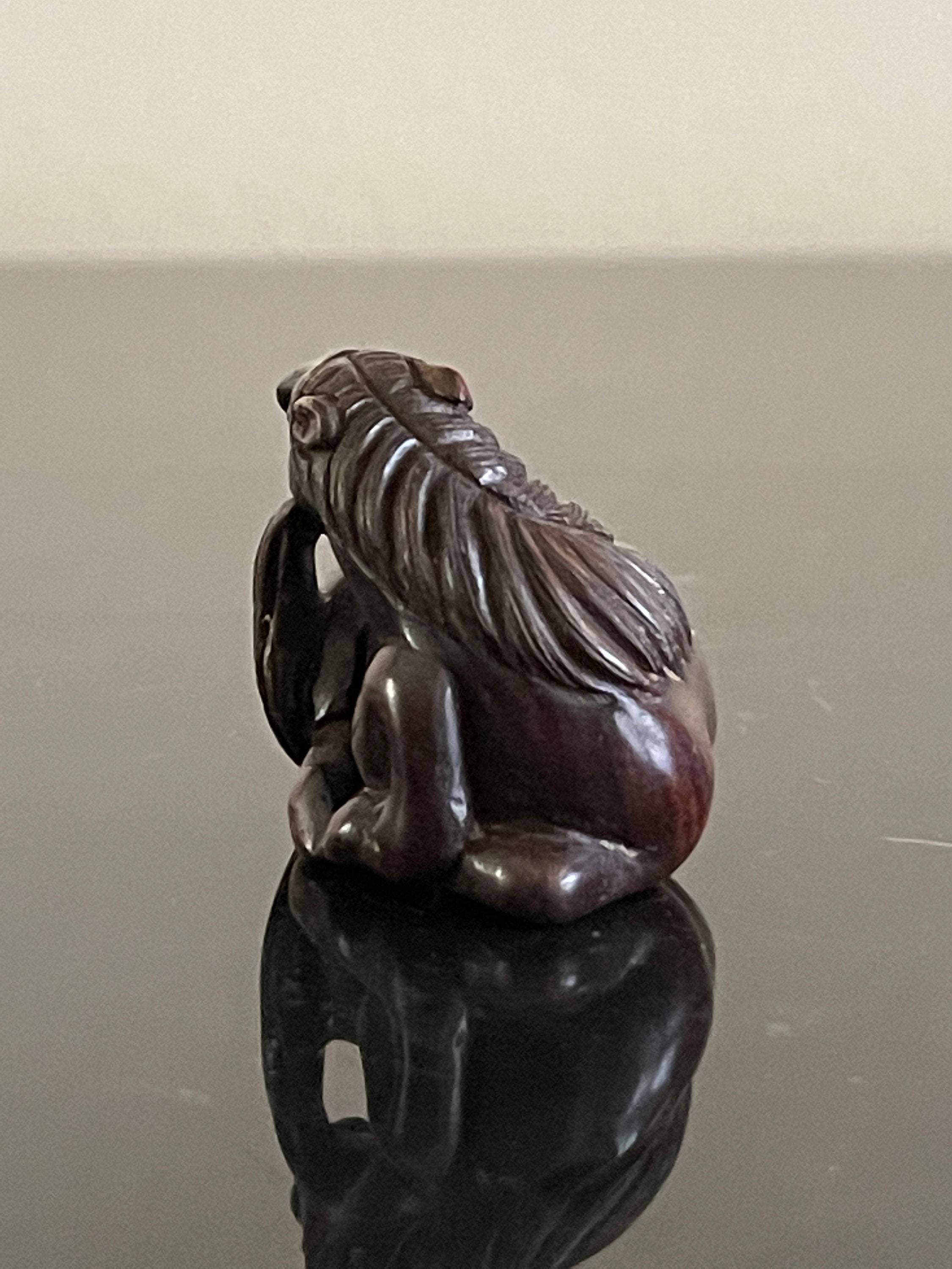 Antique Japanese Netsuke Carved Wood Seated Horse Figurine