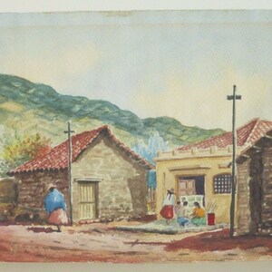 Vintage Latin American Watercolor Painting on Paper Signed by Artist