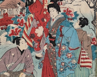 Grabado japonés antiguo firmado - Arte de Geisha y flor de ciruelo