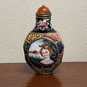 Antique Chinese Gilt Metal Painted Enamel Multi-color Portrait Snuff Bottle