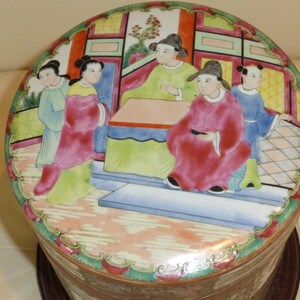 Unusual Vintage Chinese Famille Rose Lidded Canister Jar on a Wood Base image 6