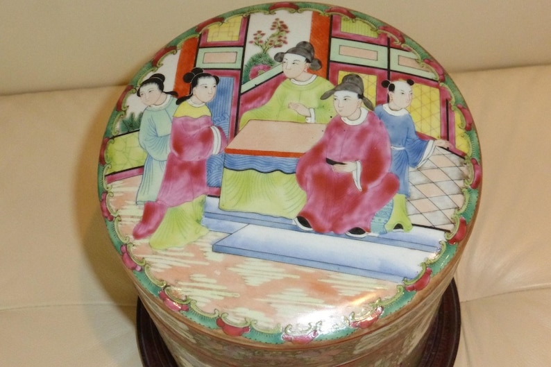 Unusual Vintage Chinese Famille Rose Lidded Canister Jar on a Wood Base image 6