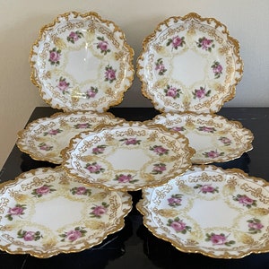 Antique Limoges T&V France Set of 7 Roses and Heavy Gold Decoration 7 1/4" Plates