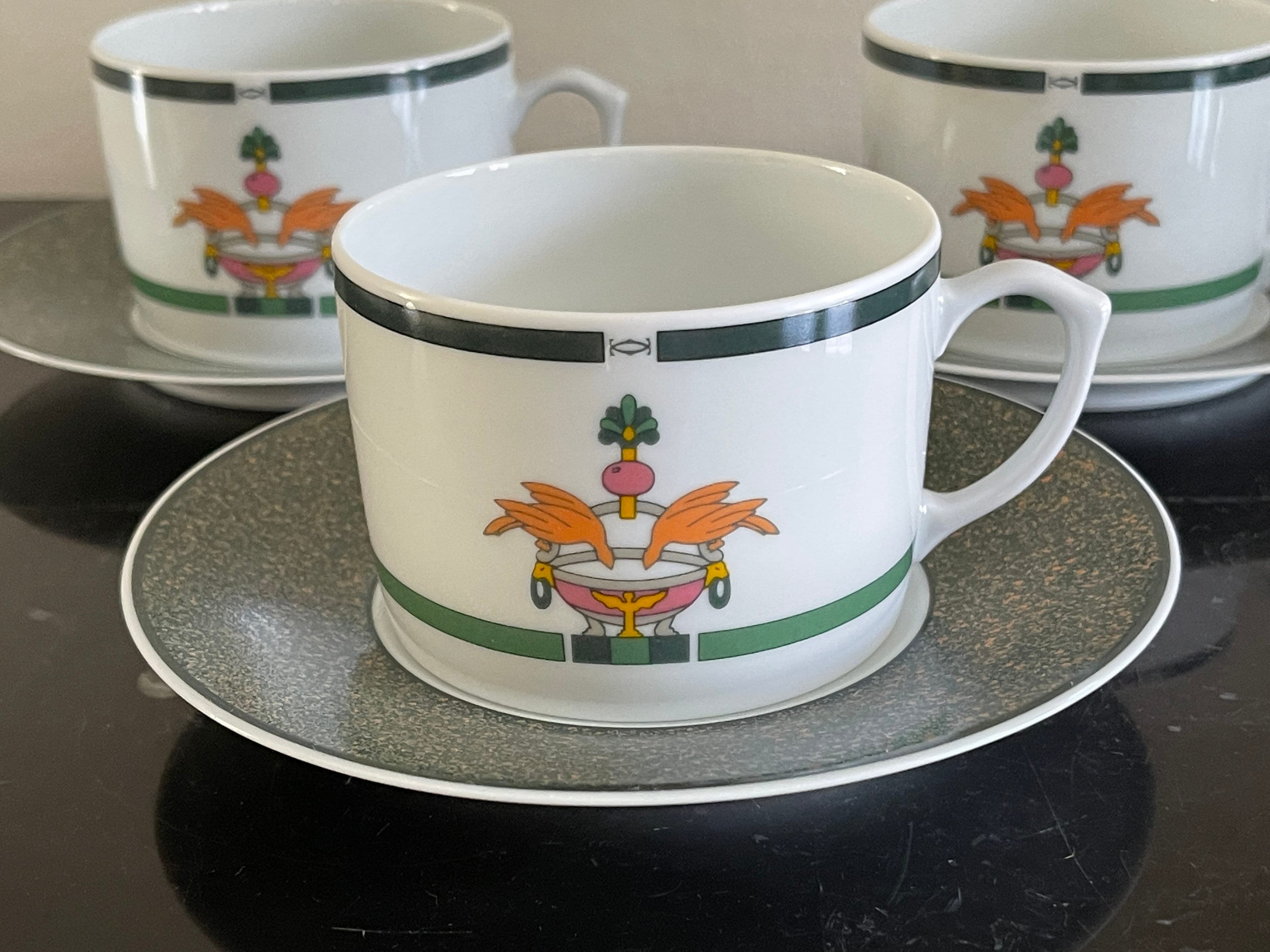 Cartier La Maison Venitienne Limoges Porcelain Jade Pattern 3 Cups