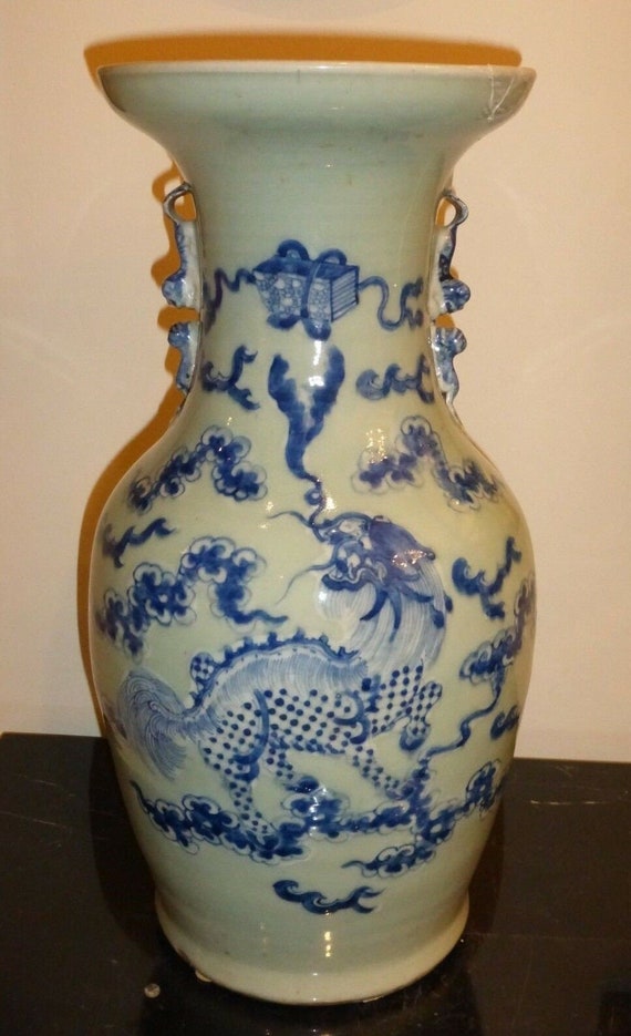Antique Chinese Celadon Glazed Vase With Relief Blue Dragon and