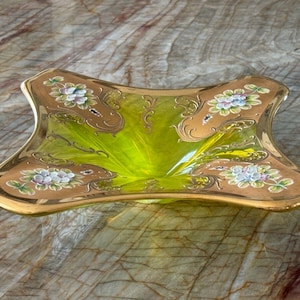 Vintage Bohemian Uranium Glass Hand Painted Enamel and Gilded Bowl Centerpiece