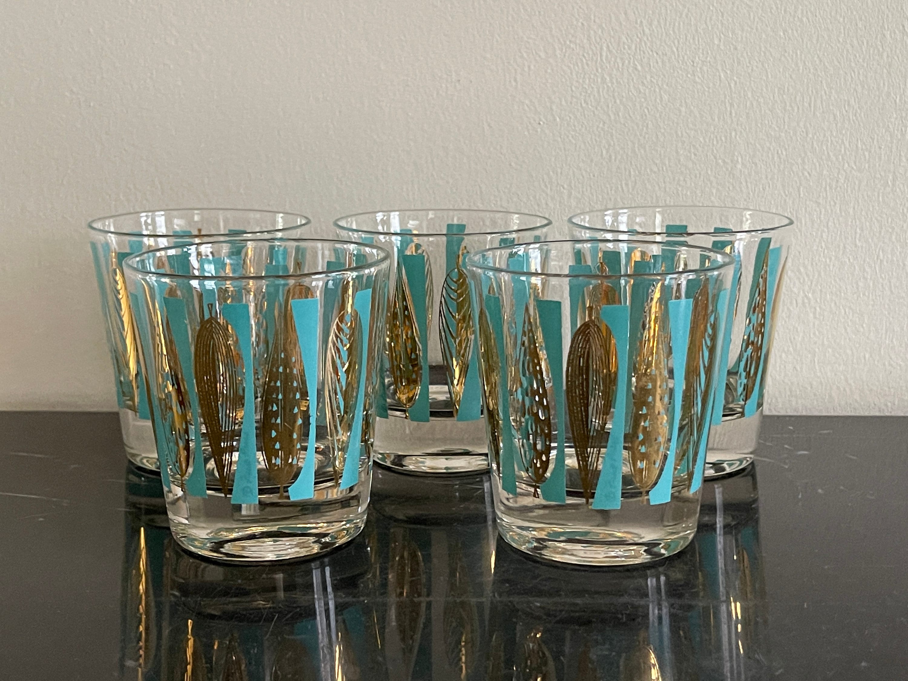 Mid Century Fred Press Green and Gold Whisky Barware Glasses