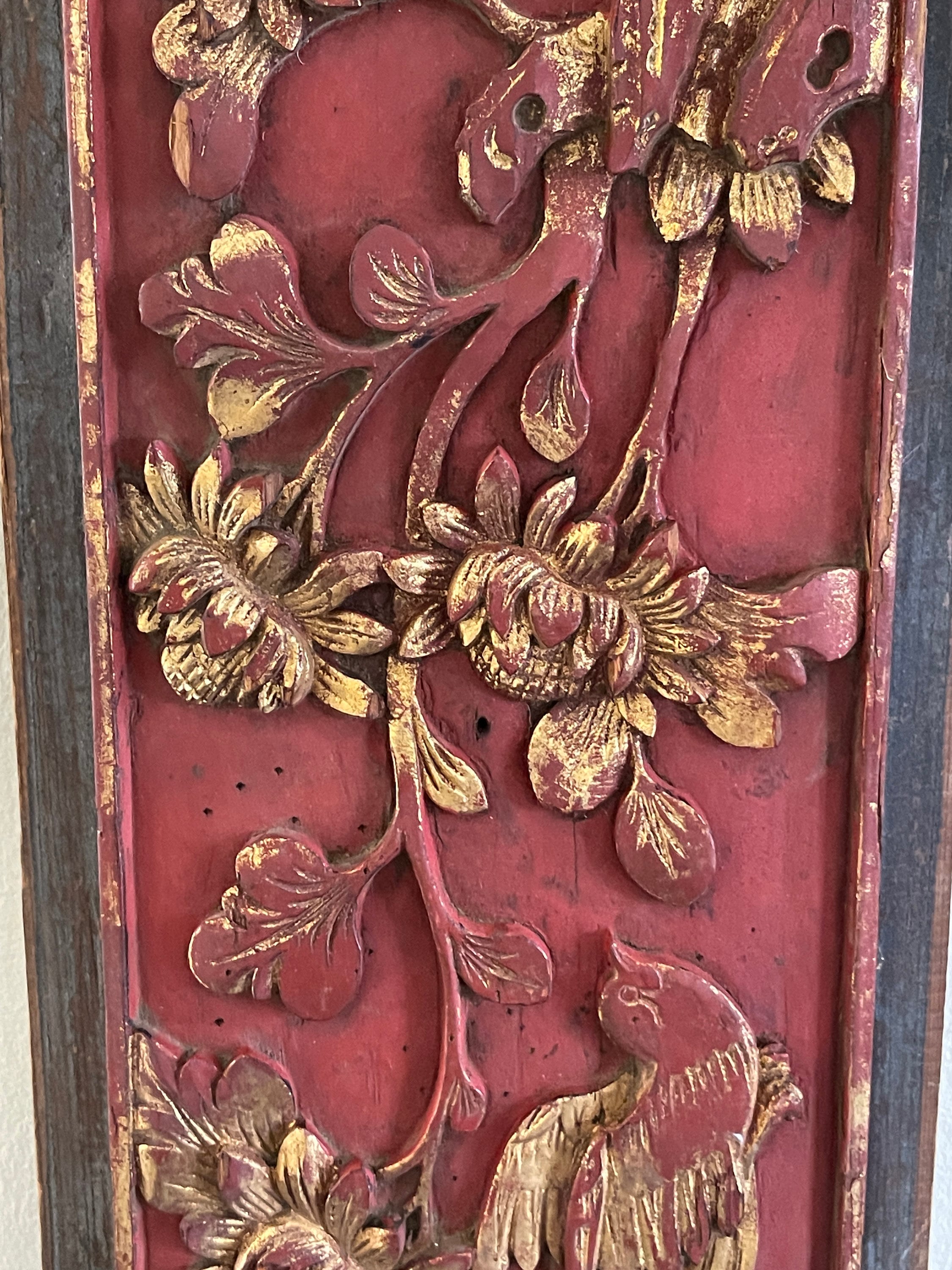 Vintage Chinese Exquisite Carved Wood Relic Flowers and Bird Panel