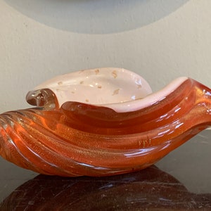 Vintage Murano Alfredo Barbini Orange Gold Flecks Shell Ashtray
