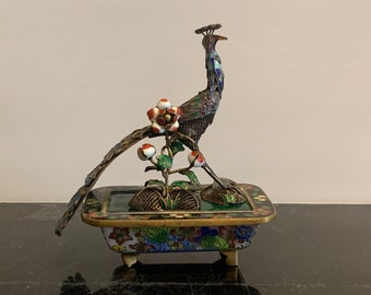 Circa 1900's Chinese Silver Filigree Enamel Cloisonne Peacock and Floral Figurine