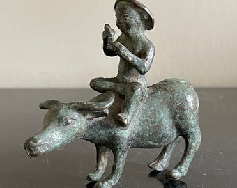Vintage Chinese Boy Riding Bull Ox Bronze Statue
