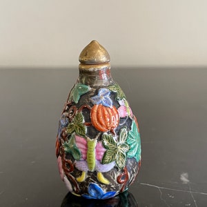 Vintage Chinese Ceramic Snuff Bottle with Relief Fruits Leaves and Butterflies