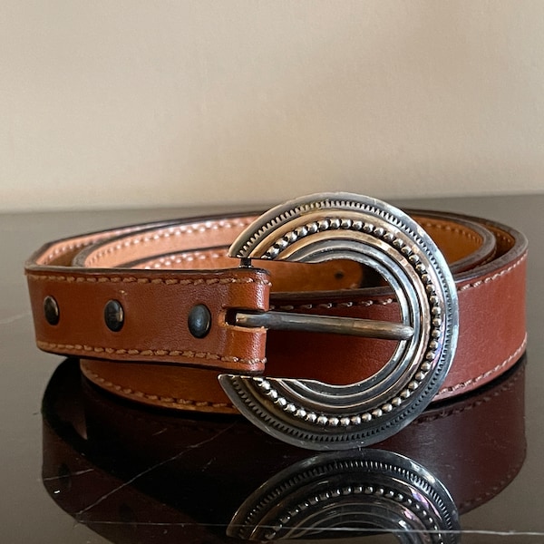 James Reid Santa Fe Size 34 Leather Belt with Sterling Silver .925 Buckle