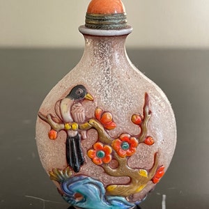 Vintage Peking Glass Snuff Bottle with Birds and Flowers Overlay Decoration