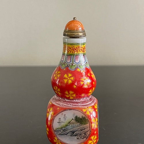 Vintage Chinese Peking Glass Double-Gourd 4-Face Painted Landscape Snuff Bottle shops