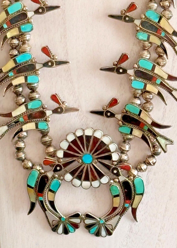 Vintage Zuni Vera Luna Signed Inlaid Waterbird Silver Squash