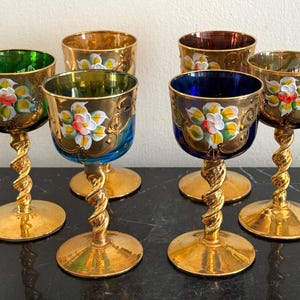 Vintage Italian Venetian Hand Painted Enamel Green and Gold Gilt Cordial Glasses