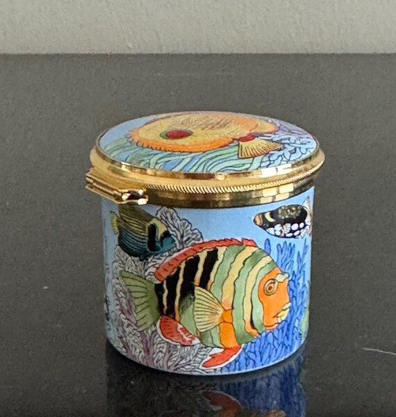 Staffordshire Enamel Hand Painted Ocean and Fish Trinket Box Made
