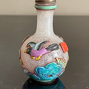 Vintage Peking Glass Snuff Bottle with Birds and Fruit Overlay Decoration