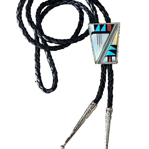 Native American Zuni Sterling Silver & Inlay Bolo Tie Signed Ardale Mahooty
