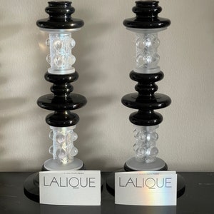 Lalique France Frosted Crystal and Black Delrin Thorns Candlestick Holders 12" H