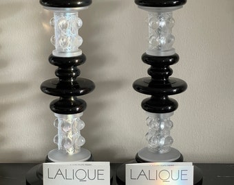 Lalique France Frosted Crystal and Black Delrin Thorns Candlestick Holders 12" H